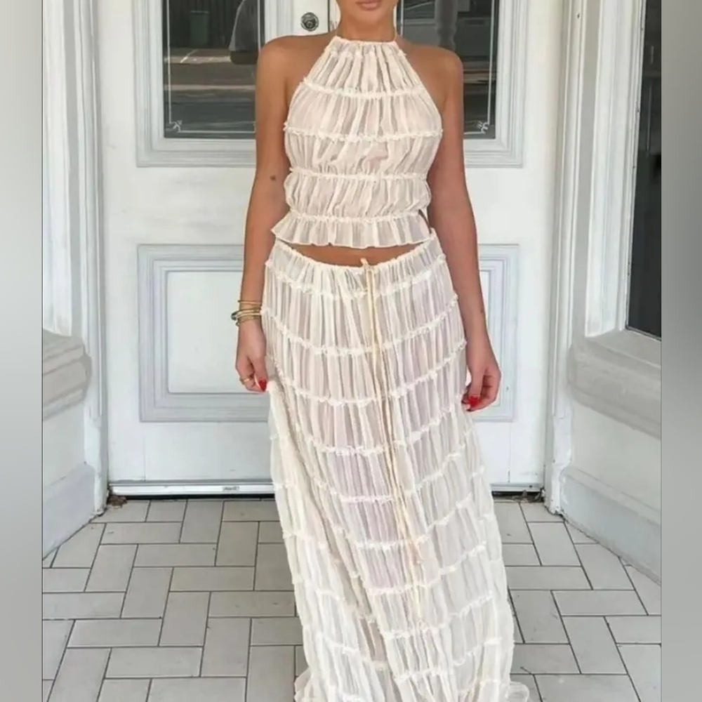 Fashion Halter Neck Long Skirt Suit Women Backless Sling Top Lace Up Fold Maxi